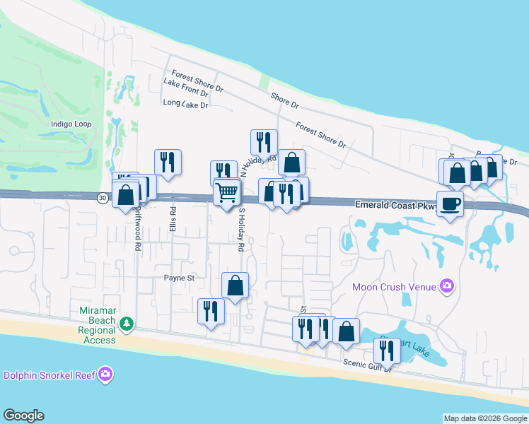 map of restaurants, bars, coffee shops, grocery stores, and more near 42 Business Centre Drive in Miramar Beach