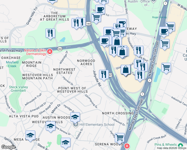 map of restaurants, bars, coffee shops, grocery stores, and more near 4004 Dominion Cove in Austin