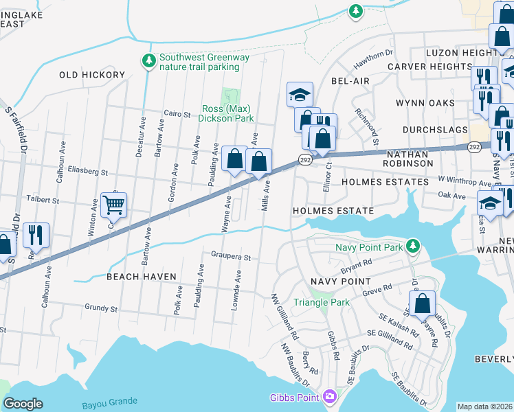 map of restaurants, bars, coffee shops, grocery stores, and more near 808 Mills Avenue in Pensacola