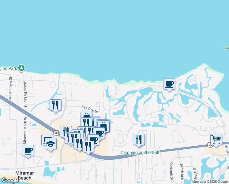 map of restaurants, bars, coffee shops, grocery stores, and more near in Miramar Beach