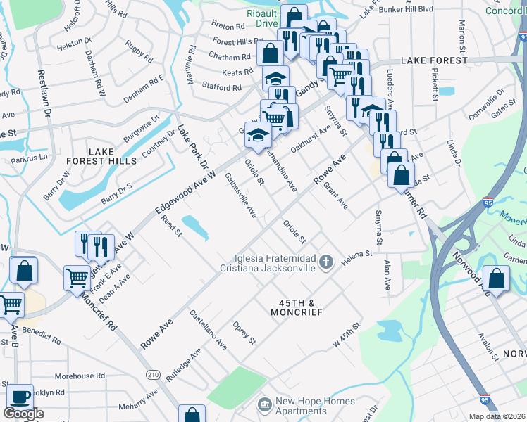 map of restaurants, bars, coffee shops, grocery stores, and more near 1759 Rowe Avenue in Jacksonville