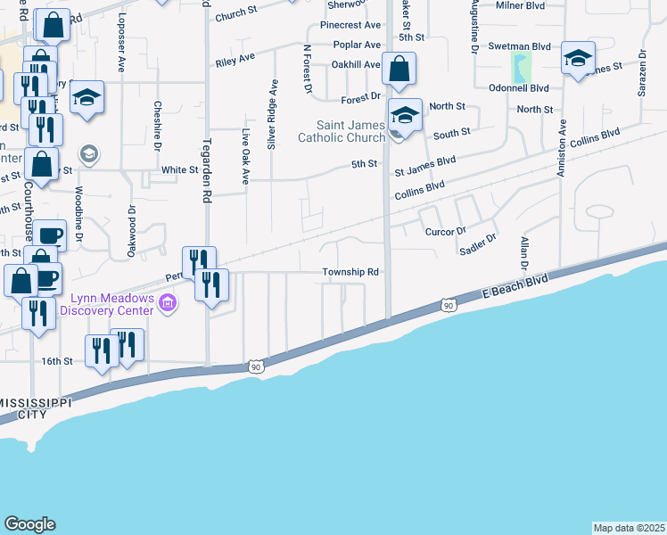 map of restaurants, bars, coffee shops, grocery stores, and more near 1123 Ocean View Drive in Gulfport