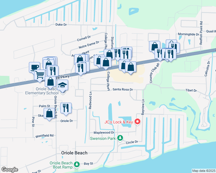 map of restaurants, bars, coffee shops, grocery stores, and more near 3208 College Court in Gulf Breeze