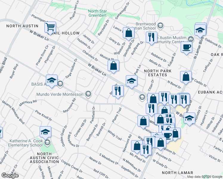 map of restaurants, bars, coffee shops, grocery stores, and more near 11201 Renel Drive in Austin