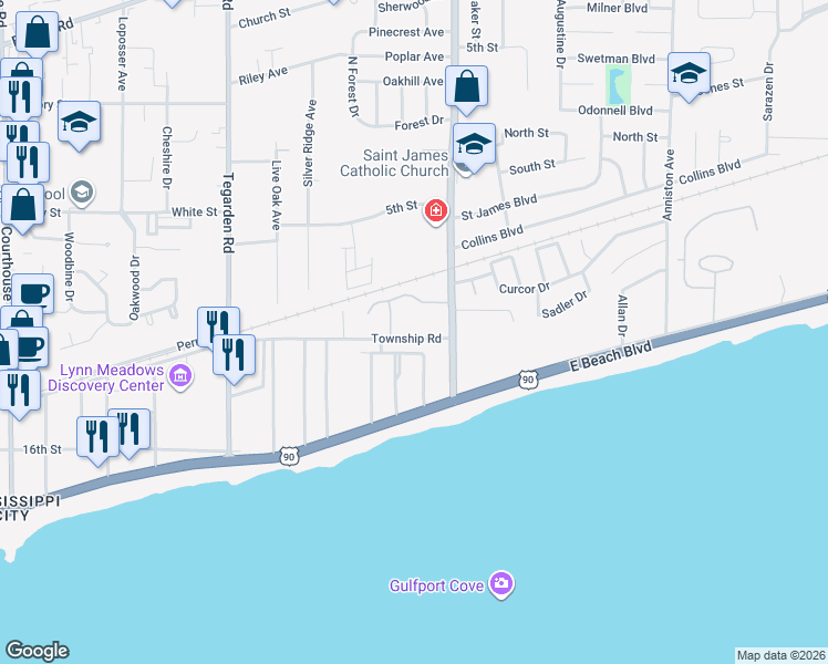 map of restaurants, bars, coffee shops, grocery stores, and more near 1227 Ocean View Drive in Gulfport