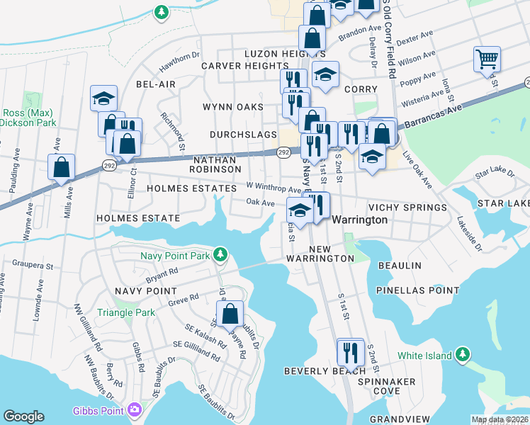 map of restaurants, bars, coffee shops, grocery stores, and more near 303 Chattman Street in Pensacola