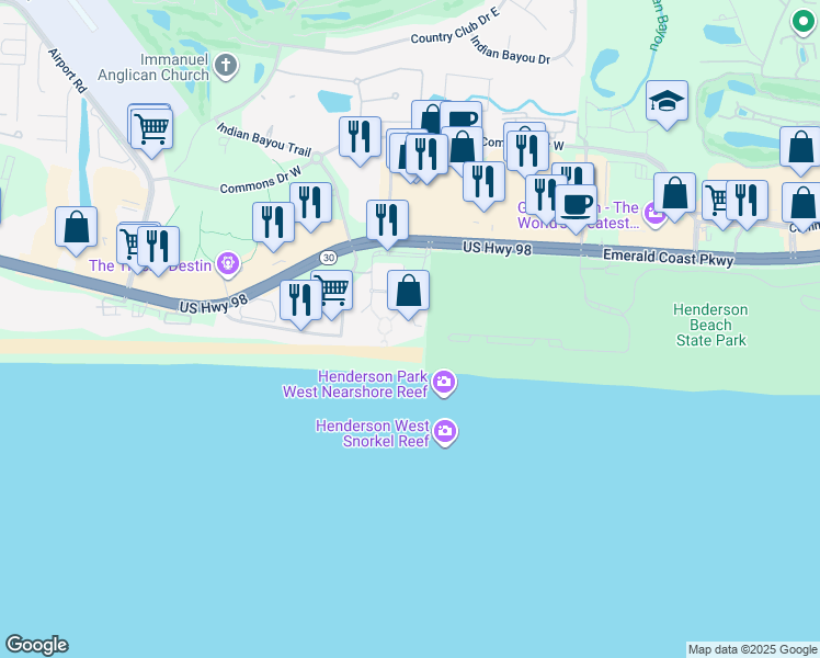map of restaurants, bars, coffee shops, grocery stores, and more near 15400 Emerald Coast Parkway in Destin