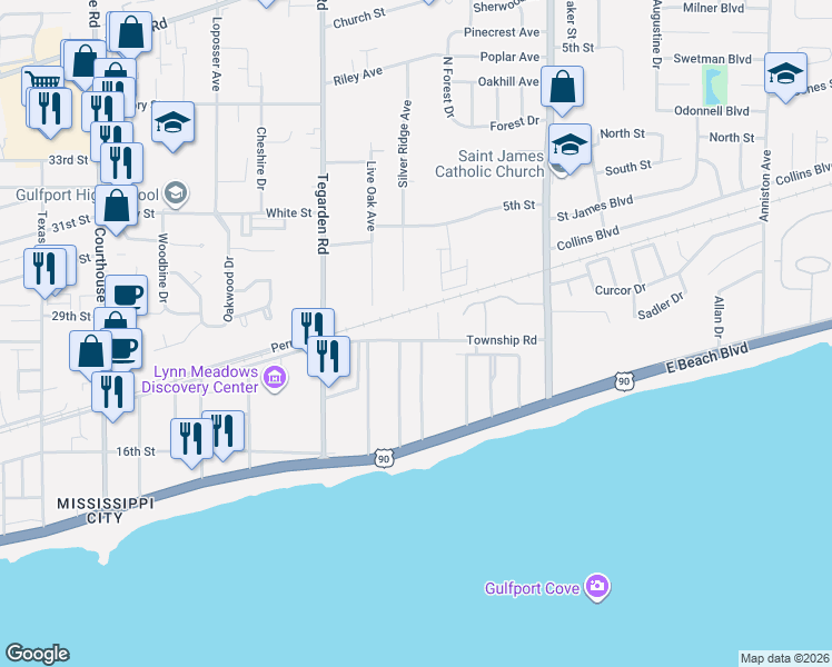 map of restaurants, bars, coffee shops, grocery stores, and more near 972-998 Township Road in Gulfport