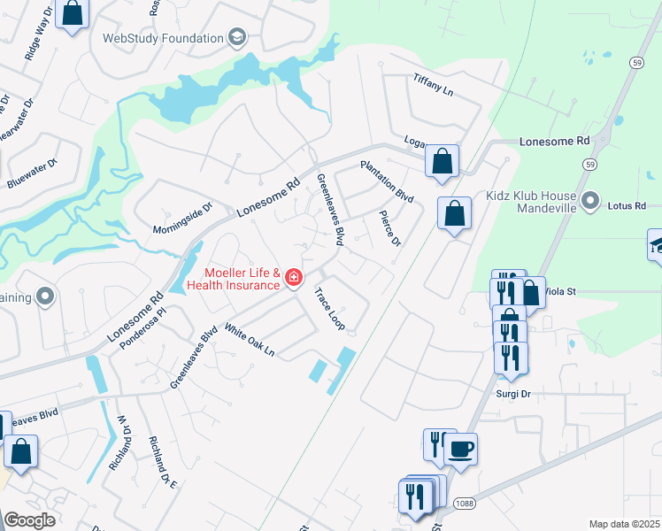 map of restaurants, bars, coffee shops, grocery stores, and more near 238 Trace Loop in Mandeville