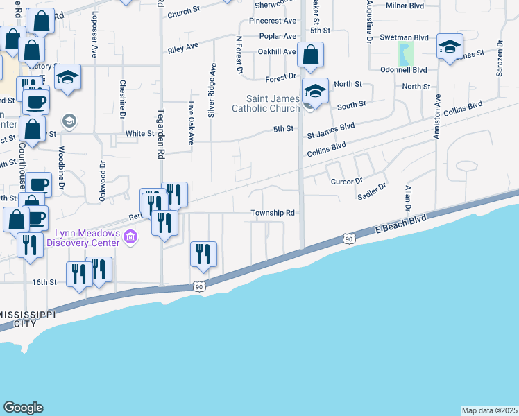 map of restaurants, bars, coffee shops, grocery stores, and more near 1123 Ocean View Drive in Gulfport