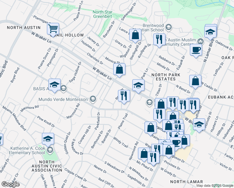 map of restaurants, bars, coffee shops, grocery stores, and more near 11201 Renel Drive in Austin