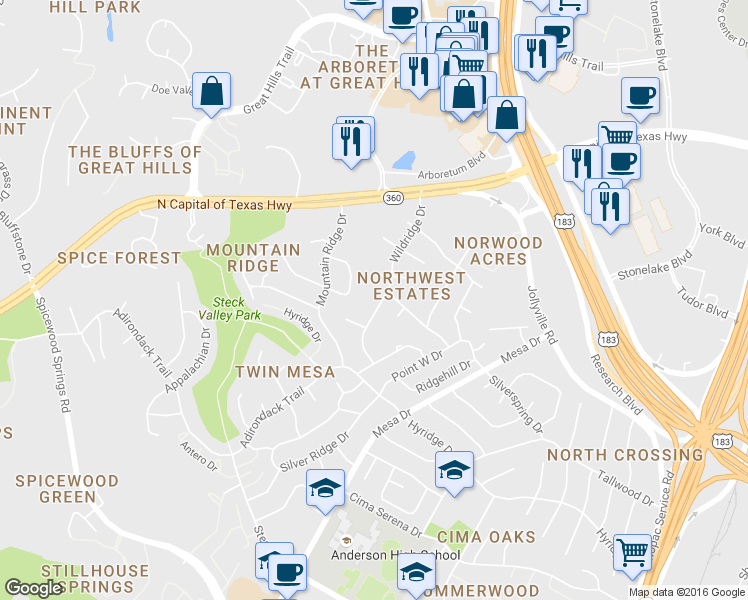 map of restaurants, bars, coffee shops, grocery stores, and more near 8803 Wildridge Drive in Austin