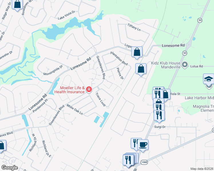map of restaurants, bars, coffee shops, grocery stores, and more near 116 Pineridge Street West in Mandeville