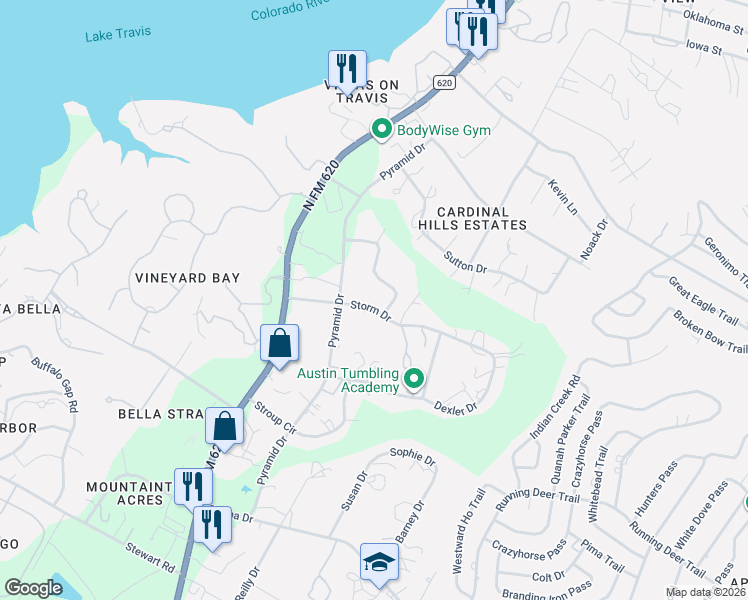 map of restaurants, bars, coffee shops, grocery stores, and more near 14 Storm Drive in Austin