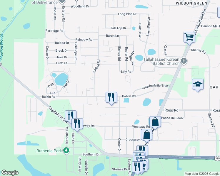 map of restaurants, bars, coffee shops, grocery stores, and more near 1156 Balkin Road in Tallahassee