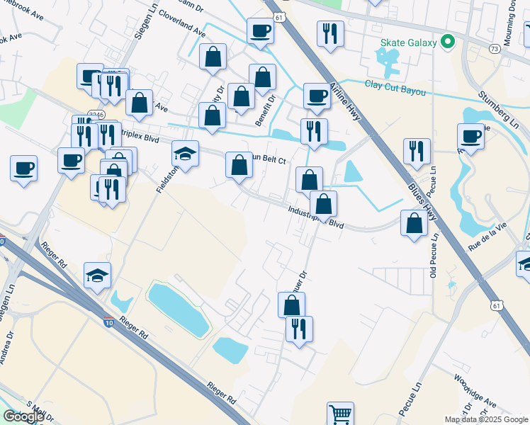 map of restaurants, bars, coffee shops, grocery stores, and more near 11742 Industriplex Boulevard in Baton Rouge