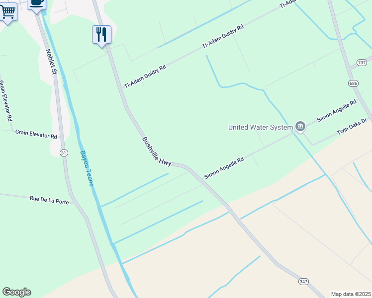 map of restaurants, bars, coffee shops, grocery stores, and more near 1221 Bushville Highway in Arnaudville