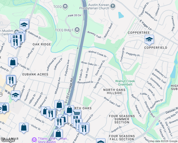 map of restaurants, bars, coffee shops, grocery stores, and more near 11803 Oak Trail in Austin