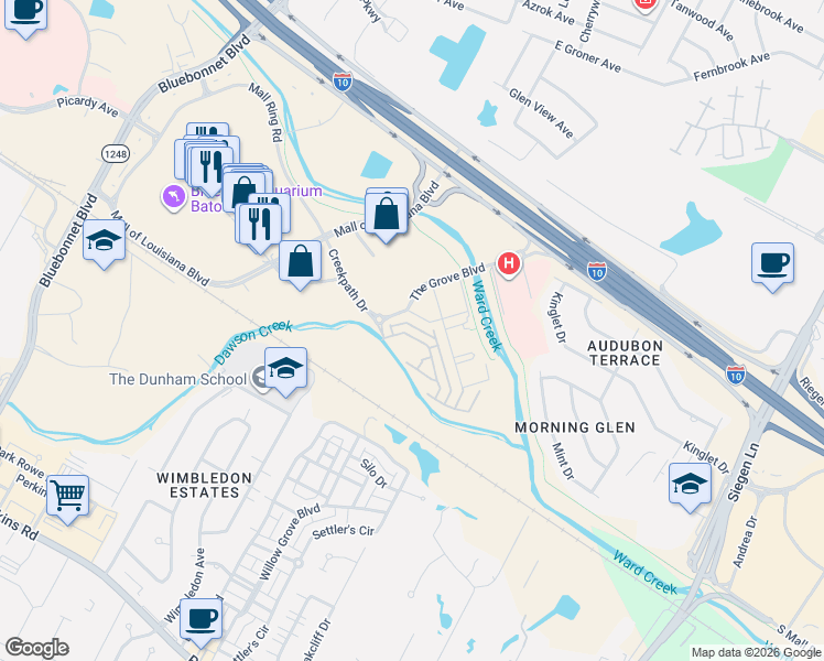 map of restaurants, bars, coffee shops, grocery stores, and more near 10111 The Grove Boulevard in Baton Rouge