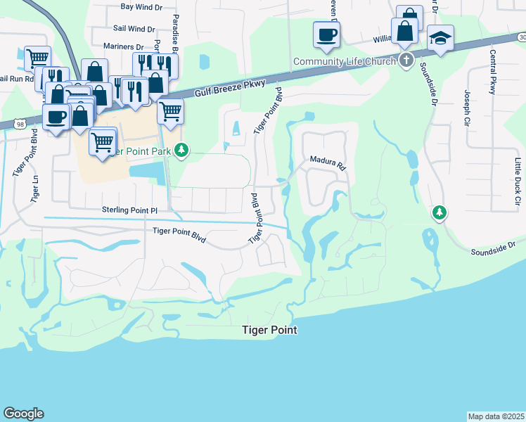 map of restaurants, bars, coffee shops, grocery stores, and more near 4011 Tiger Point Boulevard in Gulf Breeze