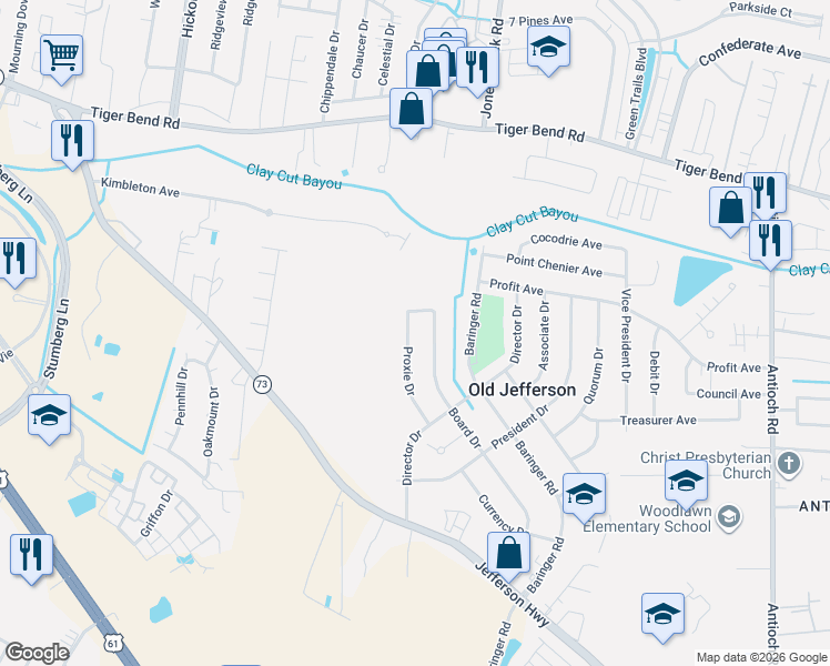 map of restaurants, bars, coffee shops, grocery stores, and more near 7434 Proxie Drive in Baton Rouge
