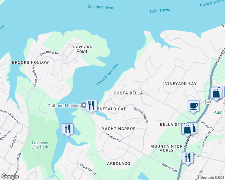 map of restaurants, bars, coffee shops, grocery stores, and more near 16425 Lake Loop in Austin