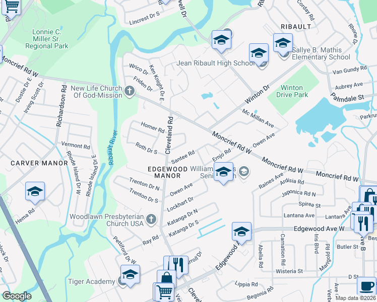 map of restaurants, bars, coffee shops, grocery stores, and more near 4126 Santee Road in Jacksonville
