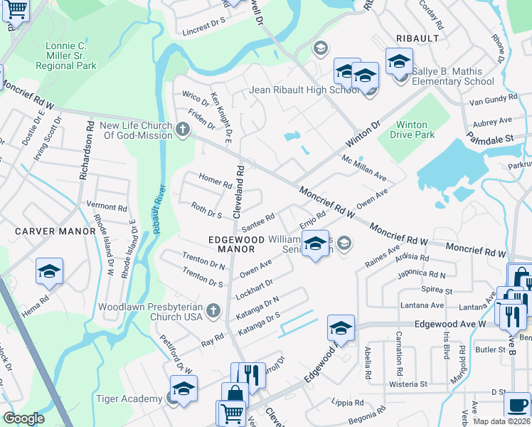 map of restaurants, bars, coffee shops, grocery stores, and more near 4126 Santee Road in Jacksonville