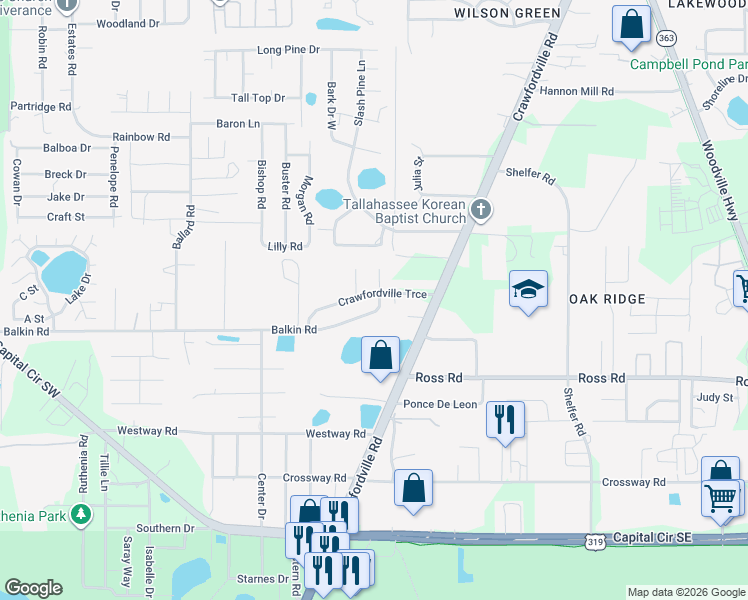 map of restaurants, bars, coffee shops, grocery stores, and more near 943 Balkin Road in Tallahassee