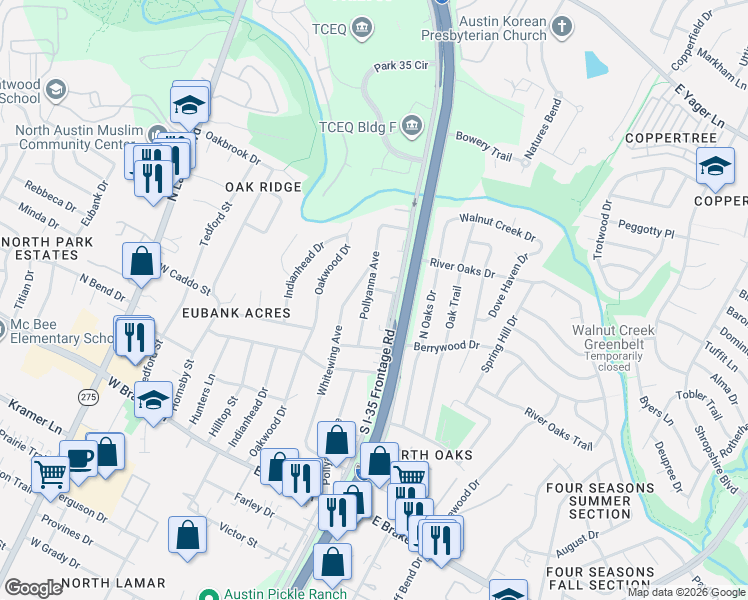 map of restaurants, bars, coffee shops, grocery stores, and more near 11800 South Interstate 35 Frontage Road in Austin