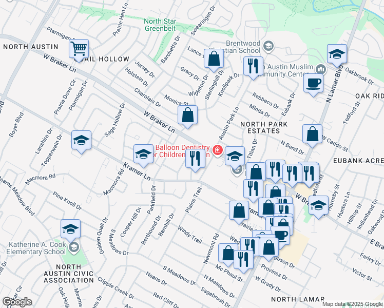 map of restaurants, bars, coffee shops, grocery stores, and more near 11201 Renel Drive in Austin