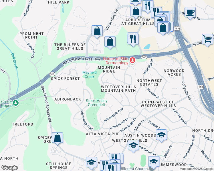 map of restaurants, bars, coffee shops, grocery stores, and more near 4508 Hyridge Drive in Austin