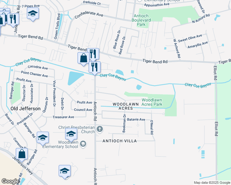 map of restaurants, bars, coffee shops, grocery stores, and more near 16135 Woodlawn Acres Avenue in Baton Rouge