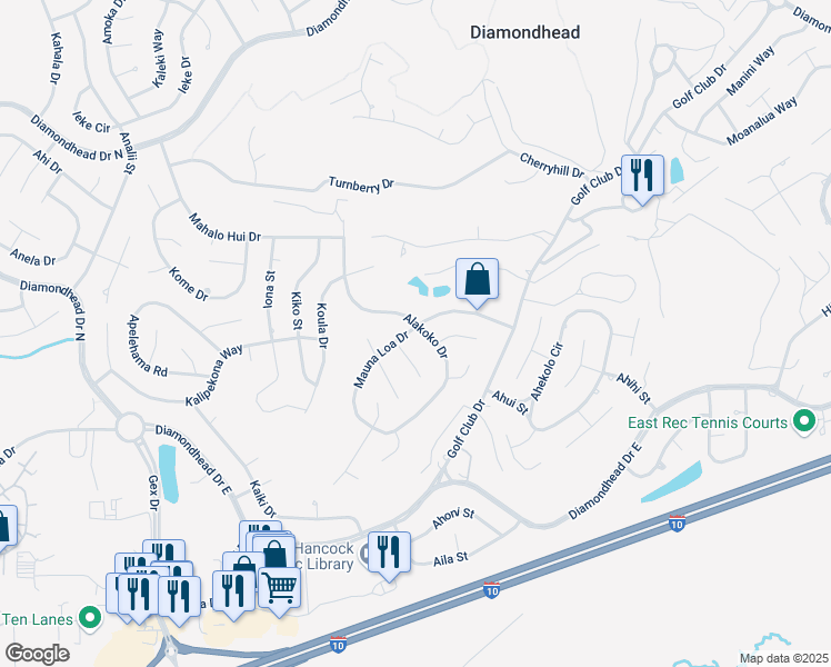 map of restaurants, bars, coffee shops, grocery stores, and more near 652 Mauna Loa Court in Diamondhead