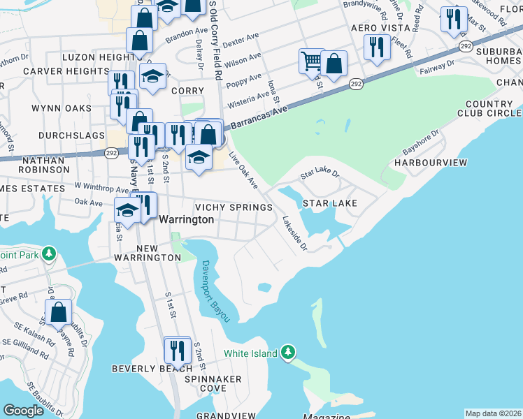map of restaurants, bars, coffee shops, grocery stores, and more near 606 East Palmetto Avenue in Pensacola
