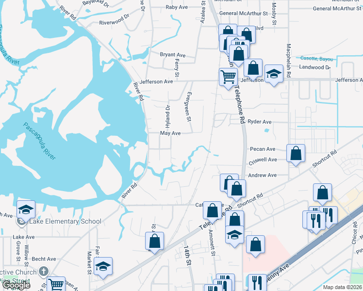 map of restaurants, bars, coffee shops, grocery stores, and more near 5114 Bay Street in Pascagoula