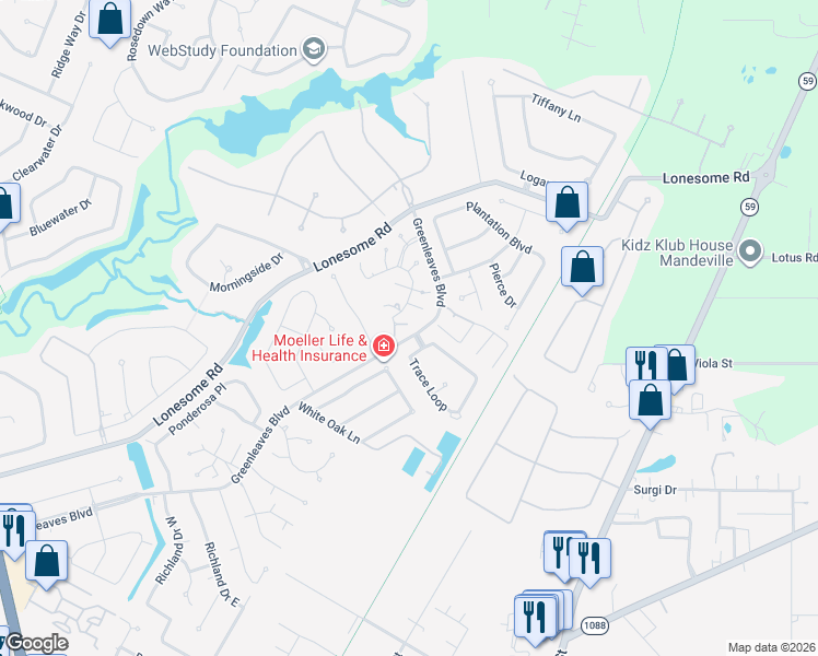 map of restaurants, bars, coffee shops, grocery stores, and more near 203 Frost Lane in Mandeville