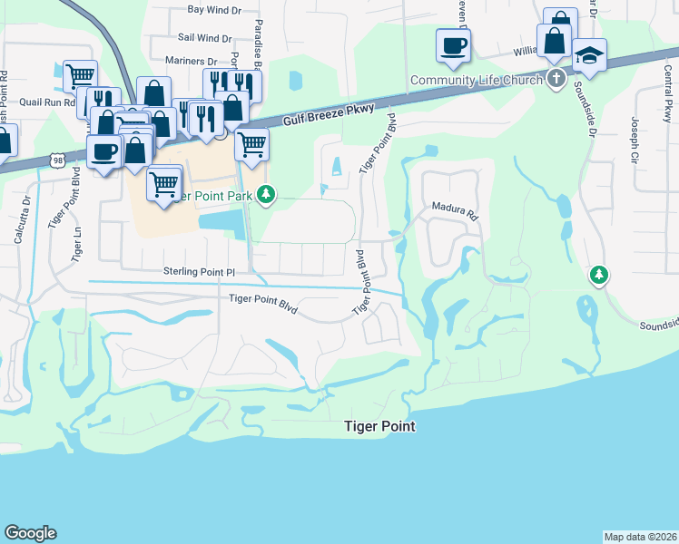map of restaurants, bars, coffee shops, grocery stores, and more near 3916 India Cove in Gulf Breeze