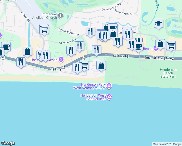 map of restaurants, bars, coffee shops, grocery stores, and more near 2000 Scenic Highway 98 in Destin