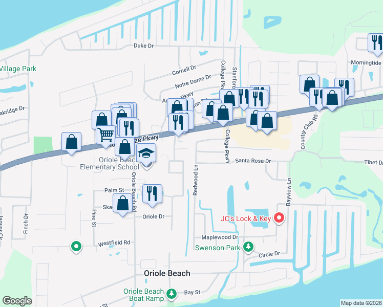 map of restaurants, bars, coffee shops, grocery stores, and more near 1279 Redwood Lane in Gulf Breeze