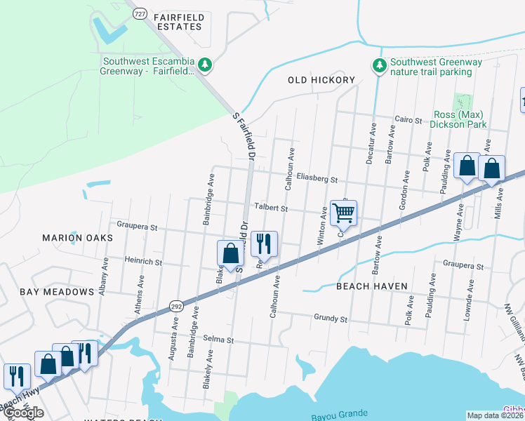 map of restaurants, bars, coffee shops, grocery stores, and more near 1650 South Fairfield Drive in Pensacola