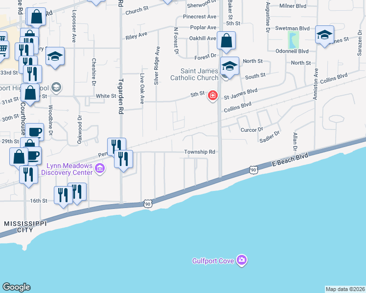 map of restaurants, bars, coffee shops, grocery stores, and more near 1041 Township Road in Gulfport
