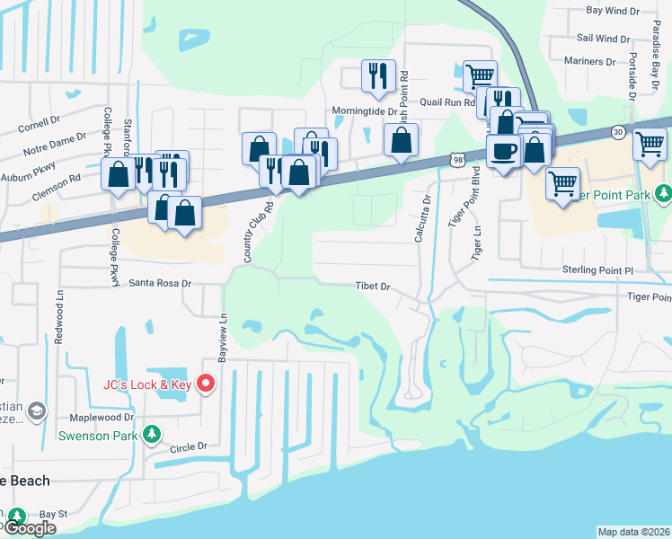 map of restaurants, bars, coffee shops, grocery stores, and more near 3469 Sycamore Lane in Gulf Breeze