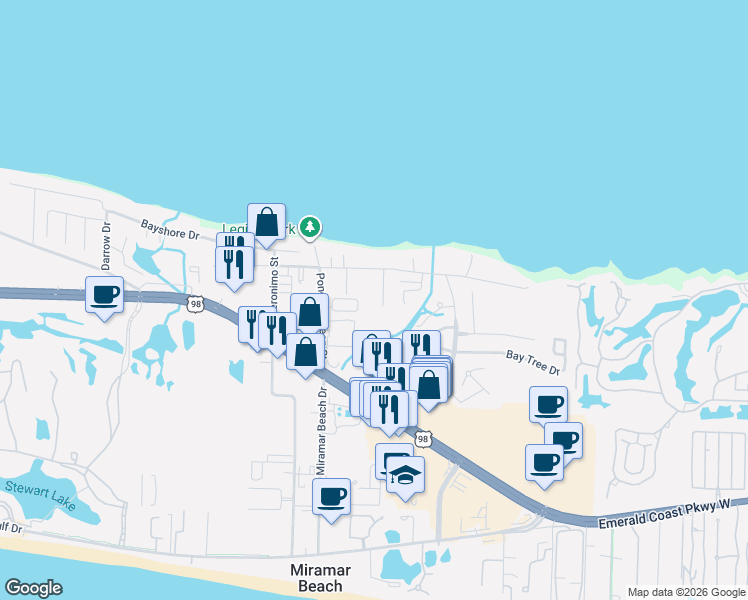 map of restaurants, bars, coffee shops, grocery stores, and more near 88 Legion Park Loop in Miramar Beach