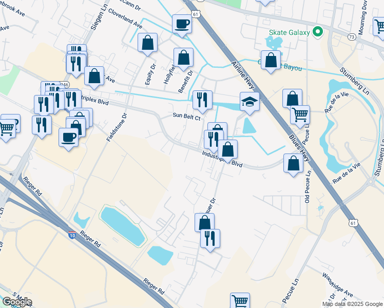 map of restaurants, bars, coffee shops, grocery stores, and more near 11742 Industriplex Boulevard in Baton Rouge