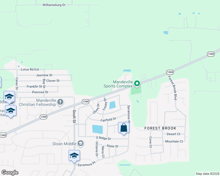 map of restaurants, bars, coffee shops, grocery stores, and more near 22475 Louisiana 1088 in Mandeville