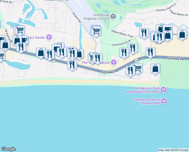 map of restaurants, bars, coffee shops, grocery stores, and more near 1080 U.S. 98 in Destin