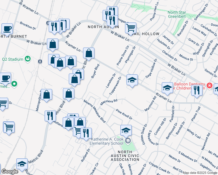 map of restaurants, bars, coffee shops, grocery stores, and more near 10611 Topperwein Drive in Austin