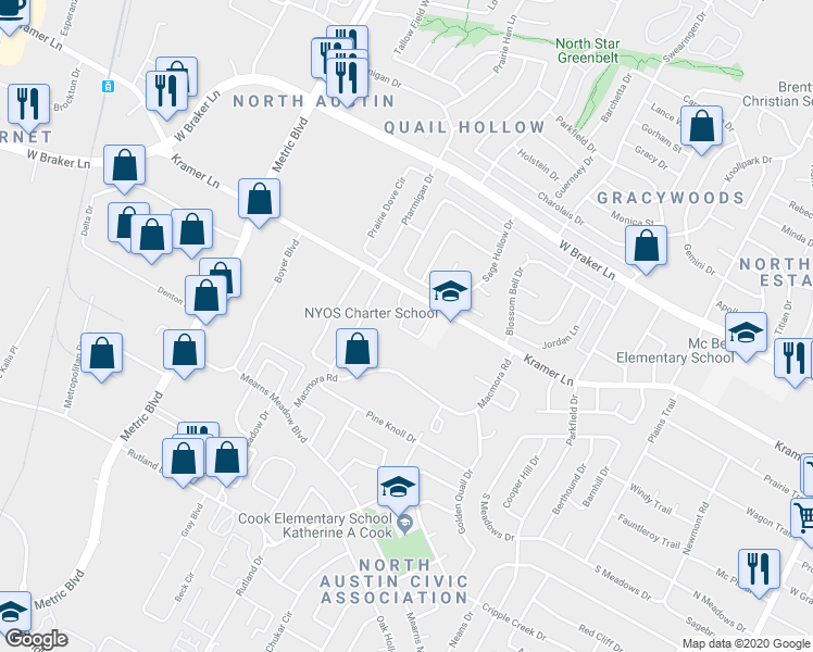 map of restaurants, bars, coffee shops, grocery stores, and more near 1701 Kramer Lane in Austin