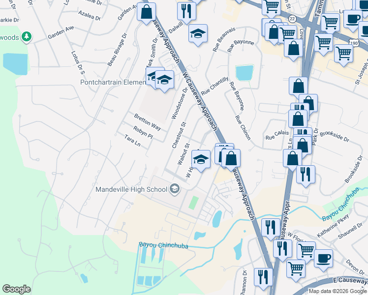 map of restaurants, bars, coffee shops, grocery stores, and more near 215 Walnut street in Mandeville